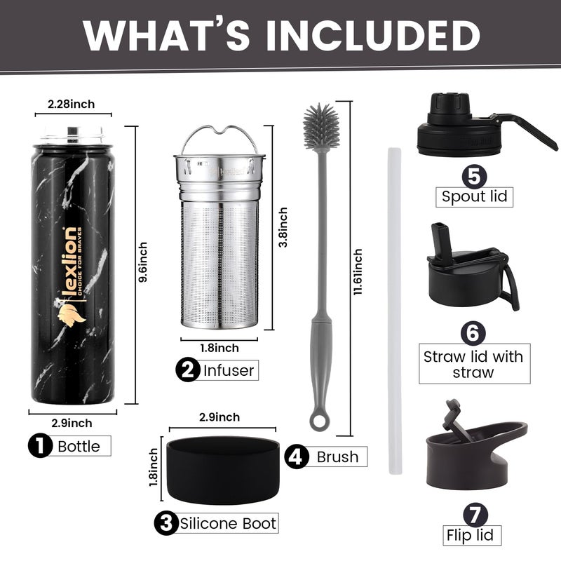 Lexlion Tea Infuser Water Bottle 22 Oz â€“ Triple Wall Insulated Stainless Steel, Loose Leaf & Fruit Strainer, 3 Leakproof Lids, BPA-Free Silicone Sleeve, Reusable Thermal Mug - Image 2