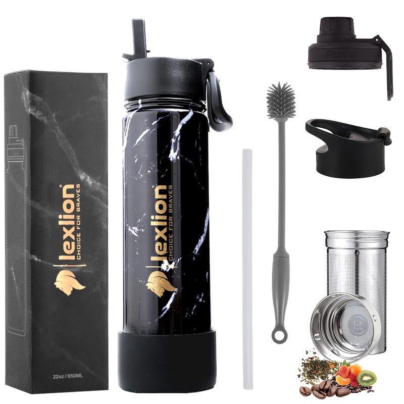 Lexlion Tea Infuser Water Bottle 22 Oz â€“ Triple Wall Insulated Stainless Steel, Loose Leaf & Fruit Strainer, 3 Leakproof Lids, BPA-Free Silicone Sleeve, Reusable Thermal Mug - Image 1
