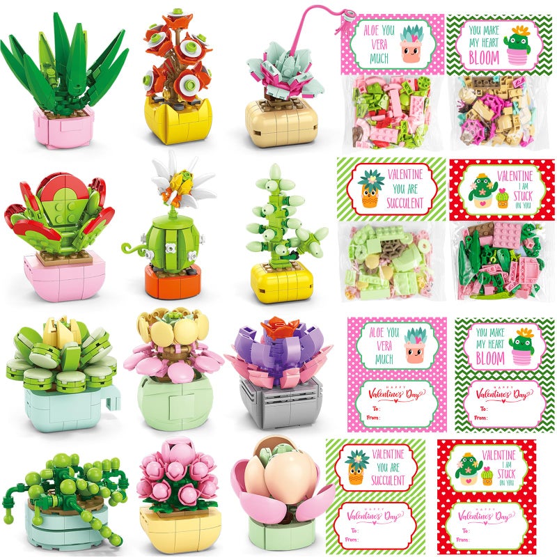 Qinline Valentines Day Gifts for Kids 6-12  24 Pack Succulents Plants Building Blocks with Gift Cards for School Classroom  Bulk Boy Girl Class Valentine Party Favors Exchange Gift Goodie Bag Stuffers - Image 1