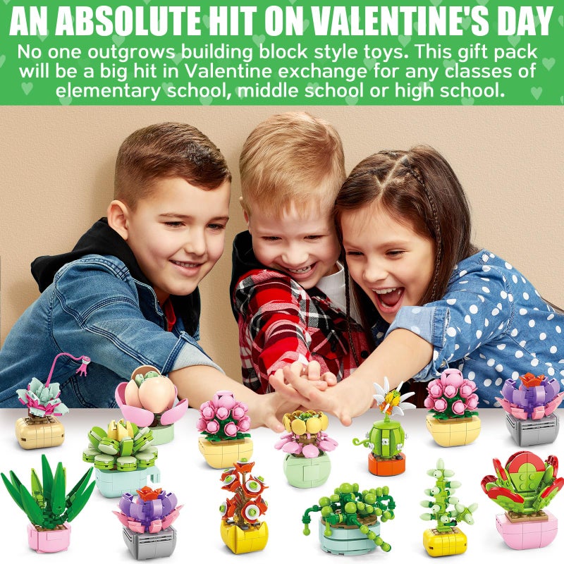 Qinline Valentines Day Gifts for Kids 6-12  24 Pack Succulents Plants Building Blocks with Gift Cards for School Classroom  Bulk Boy Girl Class Valentine Party Favors Exchange Gift Goodie Bag Stuffers - Image 4