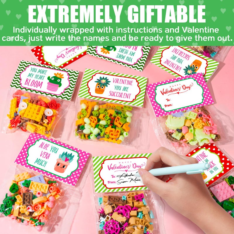 Qinline Valentines Day Gifts for Kids 6-12  24 Pack Succulents Plants Building Blocks with Gift Cards for School Classroom  Bulk Boy Girl Class Valentine Party Favors Exchange Gift Goodie Bag Stuffers - Image 3