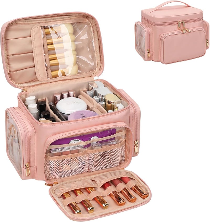 Large Makeup Bag Portable Travel Make up Bag Organiser for Women Cosmetic Bags PU Leather Makeup Brushes Bag with Compartments Pink