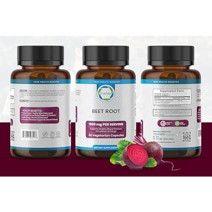 TRUEMED Organic Beetroot Capsules – 1500mg Beet Root Supplements for Blood Pressure, Energy & Circulation Support | Natural Beet Supplement, Stamina & Endurance | Non-GMO, Vegan, 60 Capsules, USA Made - Image 2