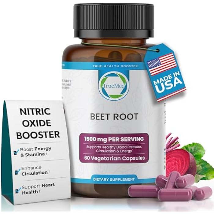 TRUEMED Organic Beetroot Capsules – 1500mg Beet Root Supplements for Blood Pressure, Energy & Circulation Support | Natural Beet Supplement, Stamina & Endurance | Non-GMO, Vegan, 60 Capsules, USA Made - Image 1