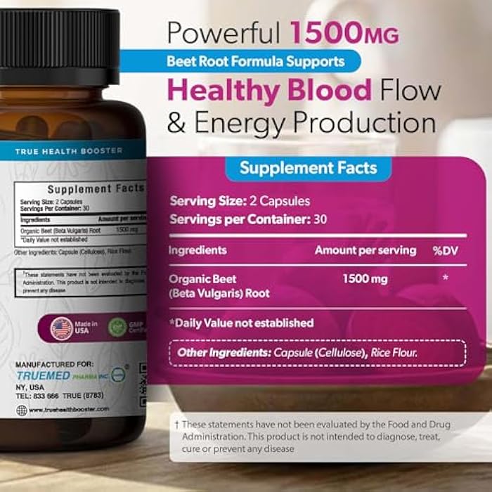 TRUEMED Organic Beetroot Capsules – 1500mg Beet Root Supplements for Blood Pressure, Energy & Circulation Support | Natural Beet Supplement, Stamina & Endurance | Non-GMO, Vegan, 60 Capsules, USA Made - Image 5