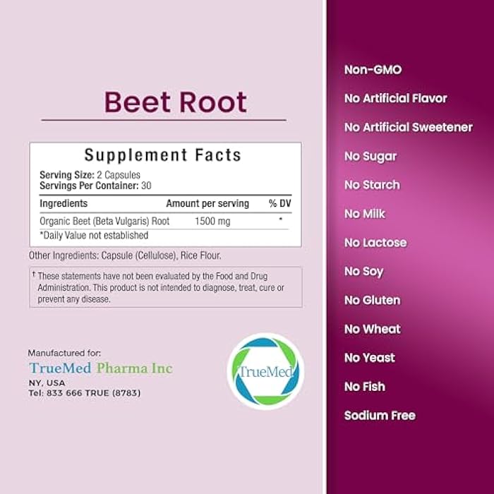 TRUEMED Organic Beetroot Capsules – 1500mg Beet Root Supplements for Blood Pressure, Energy & Circulation Support | Natural Beet Supplement, Stamina & Endurance | Non-GMO, Vegan, 60 Capsules, USA Made - Image 3
