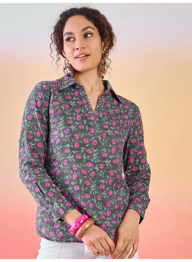 أيه كيه إس Floral Printed Shirt Collar Cotton Tunic