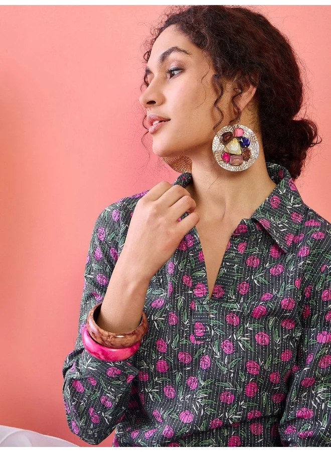 أيه كيه إس Floral Printed Shirt Collar Cotton Tunic