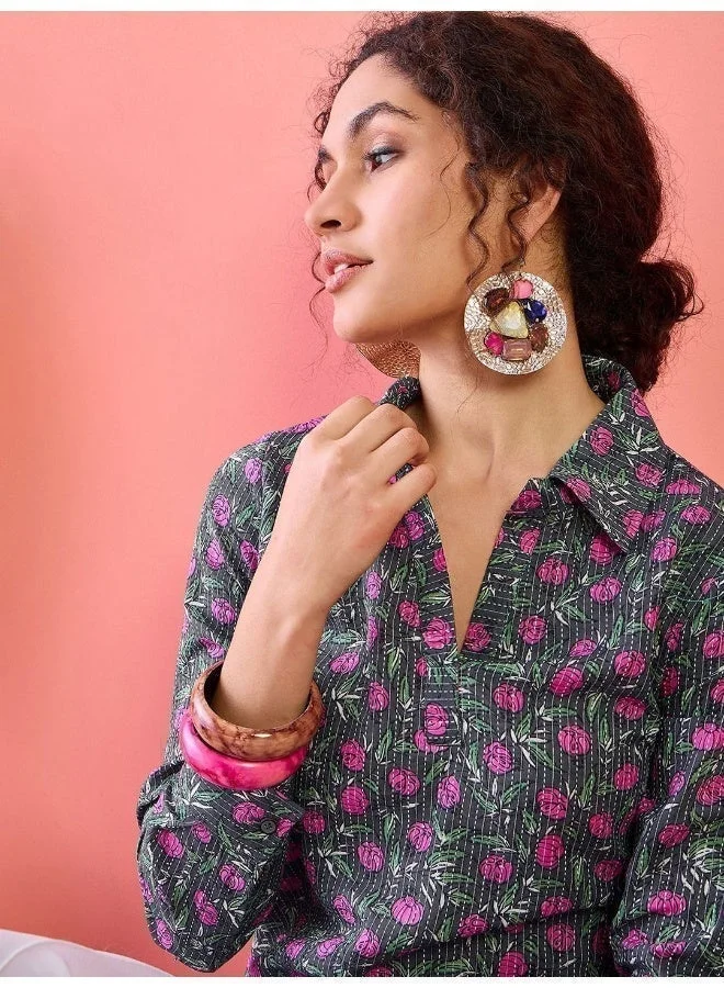 AKS Floral Printed Shirt Collar Cotton Tunic