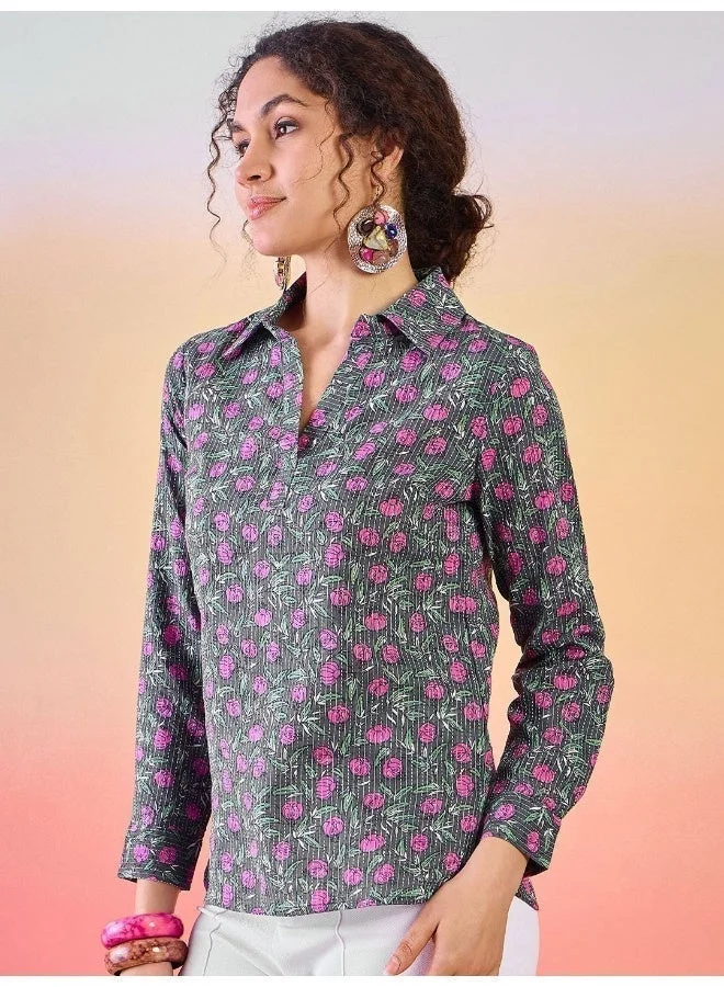 AKS Floral Printed Shirt Collar Cotton Tunic
