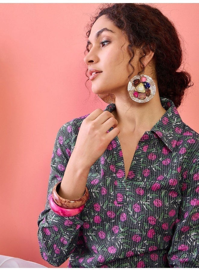 AKS Floral Printed Shirt Collar Cotton Tunic - Image 2