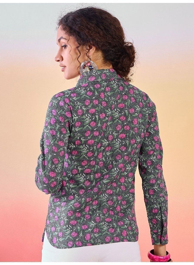 AKS Floral Printed Shirt Collar Cotton Tunic - Image 5