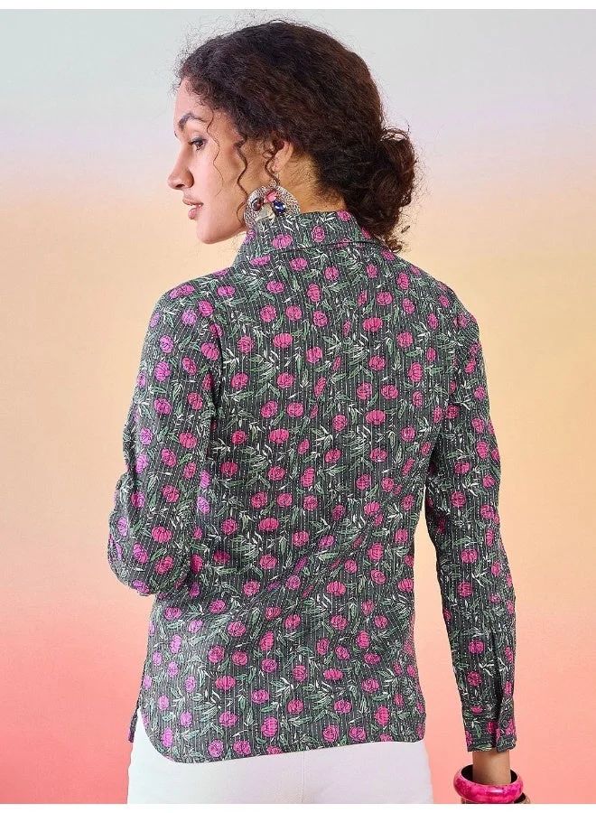 AKS  Floral Printed Shirt Collar Cotton Tunic for Women | Best Price UAE