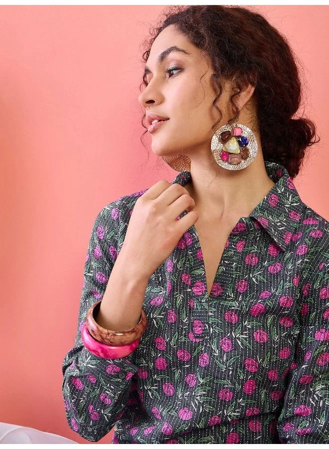 AKS Floral Printed Shirt Collar Cotton Tunic