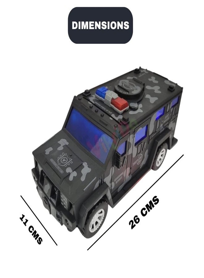 4AJ BAZAAR Military Car Money Safe Box for Kids Piggy Coin Cash Savings Box Bump N Go Military Truck Lights Sound, Multicolor, Modern - Image 3