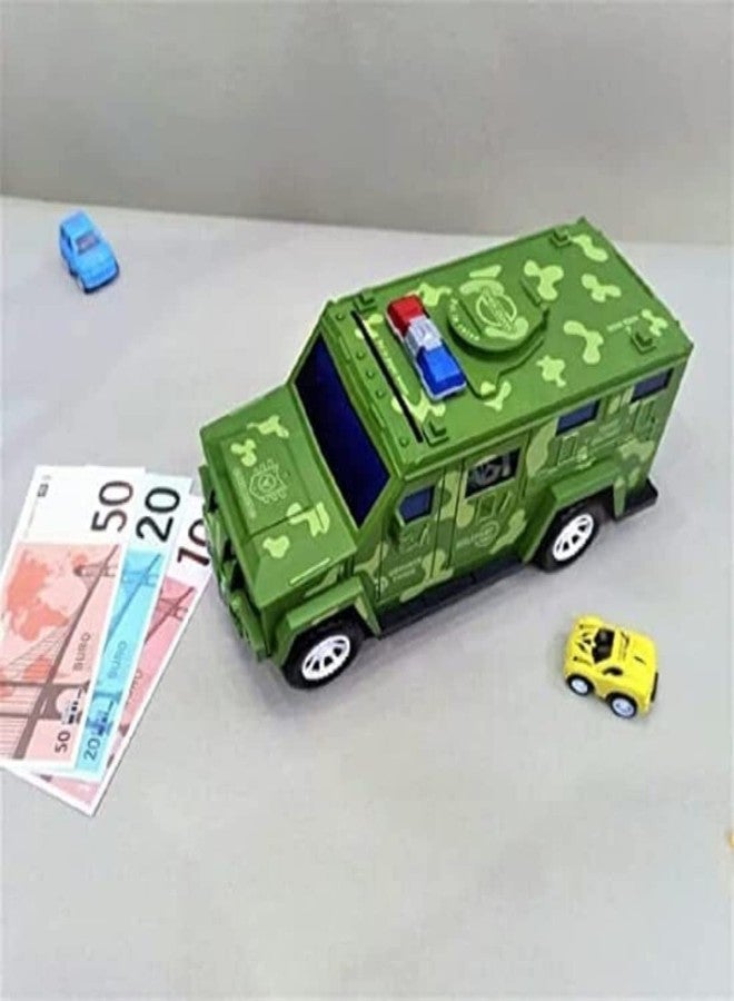 4AJ BAZAAR Military Car Money Safe Box for Kids Piggy Coin Cash Savings Box Bump N Go Military Truck Lights Sound, Multicolor, Modern - Image 2