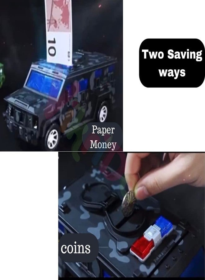 4AJ BAZAAR Military Car Money Safe Box for Kids Piggy Coin Cash Savings Box Bump N Go Military Truck Lights Sound, Multicolor, Modern - Image 5