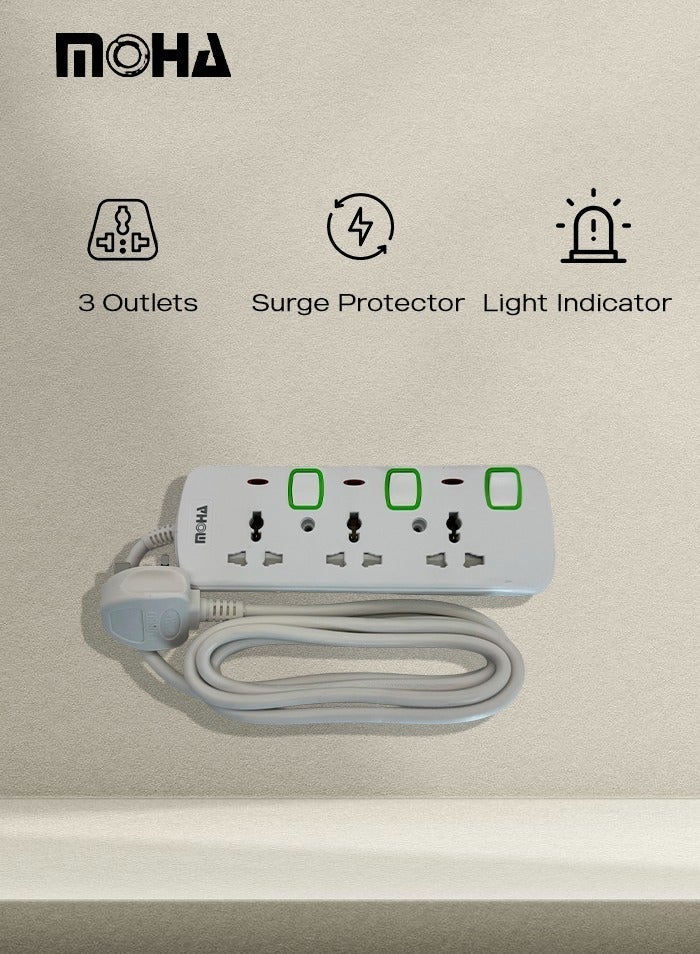 Moha 3-Way Universal Extension Socket – 2 Meter Cable, Single On/Off Switch, Type G UK Plug, 13A 3250W Max, Durable & Child-Safe Power Strip - Image 2