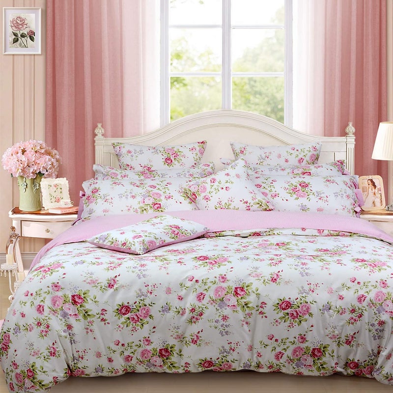 FADFAY Rose Floral Duvet Cover Set Pink Grid Cotton Girls Bedding with Hidden Zipper Closure 3 Pieces, 1duvet Cover & 2pillowcases,King/California King Size - Image 2