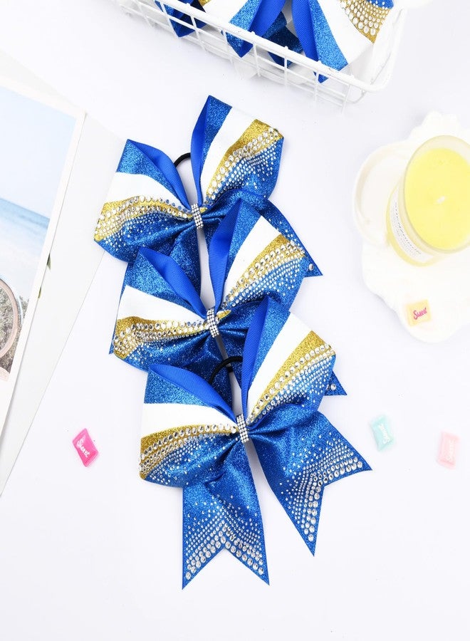 DEEKA 6 PCS 7" Large Glitter Cheer Bows Three Colored Stiff Rhinestone Cheer Hair Bows Elastic Band Competition Bows for Cheerleader Softball Team Girls Sports -Royal Blue/Yellow/White - Image 4