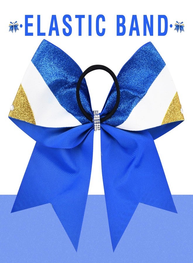 DEEKA 6 PCS 7" Large Glitter Cheer Bows Three Colored Stiff Rhinestone Cheer Hair Bows Elastic Band Competition Bows for Cheerleader Softball Team Girls Sports -Royal Blue/Yellow/White - Image 2