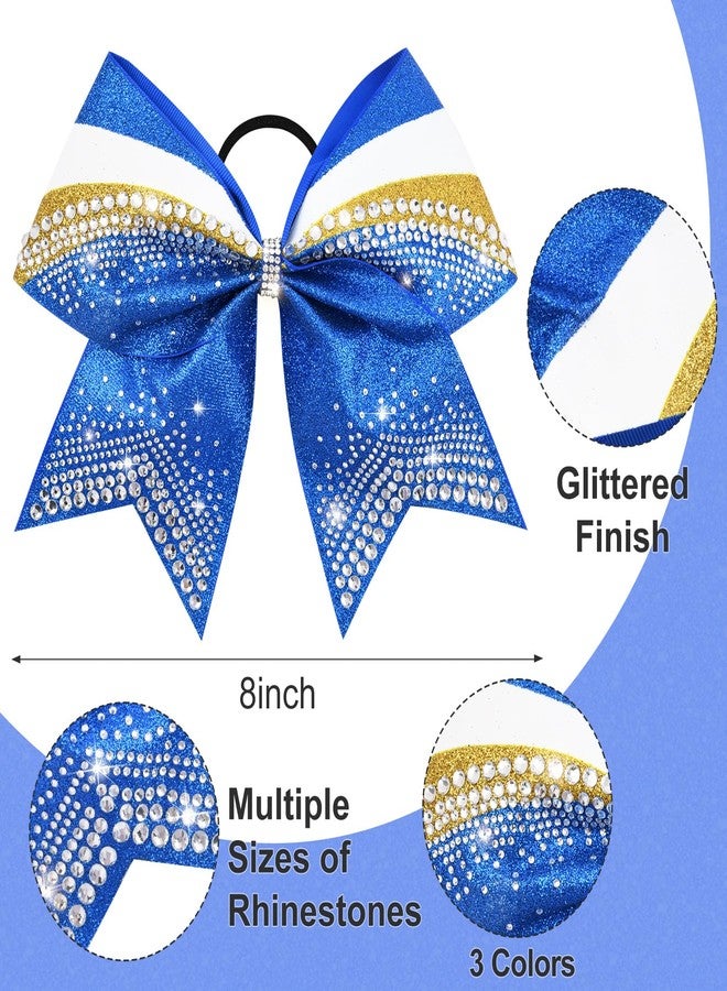 DEEKA 6 PCS 7" Large Glitter Cheer Bows Three Colored Stiff Rhinestone Cheer Hair Bows Elastic Band Competition Bows for Cheerleader Softball Team Girls Sports -Royal Blue/Yellow/White - Image 3