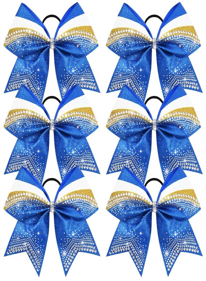 DEEKA 6 PCS 7" Large Glitter Cheer Bows Three Colored Stiff Rhinestone Cheer Hair Bows Elastic Band Competition Bows for Cheerleader Softball Team Girls Sports -Royal Blue/Yellow/White - Image 1