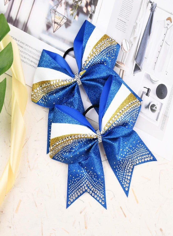 DEEKA 6 PCS 7" Large Glitter Cheer Bows Three Colored Stiff Rhinestone Cheer Hair Bows Elastic Band Competition Bows for Cheerleader Softball Team Girls Sports -Royal Blue/Yellow/White - Image 5