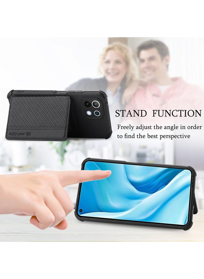 erorex Case For Xiaomi Mi 11 Lite Carbon Fiber Magnetic Card Bag TPU+PU Shockproof Back Cover Case with Holder & Card Slot & Photo Frame - Image 3