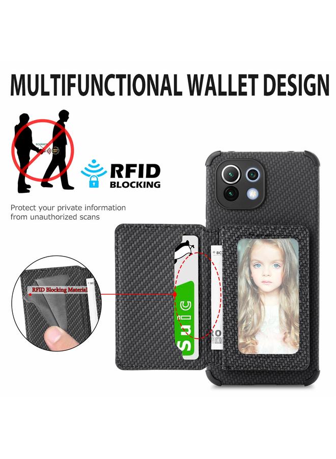 erorex Case For Xiaomi Mi 11 Lite Carbon Fiber Magnetic Card Bag TPU+PU Shockproof Back Cover Case with Holder & Card Slot & Photo Frame - Image 4