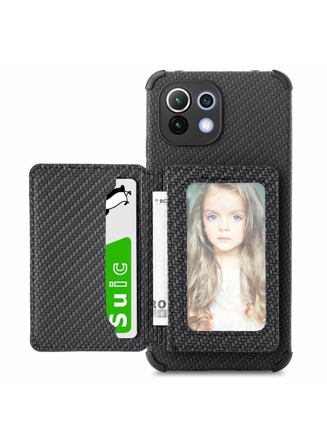 erorex Case For Xiaomi Mi 11 Lite Carbon Fiber Magnetic Card Bag TPU+PU Shockproof Back Cover Case with Holder & Card Slot & Photo Frame - Image 1