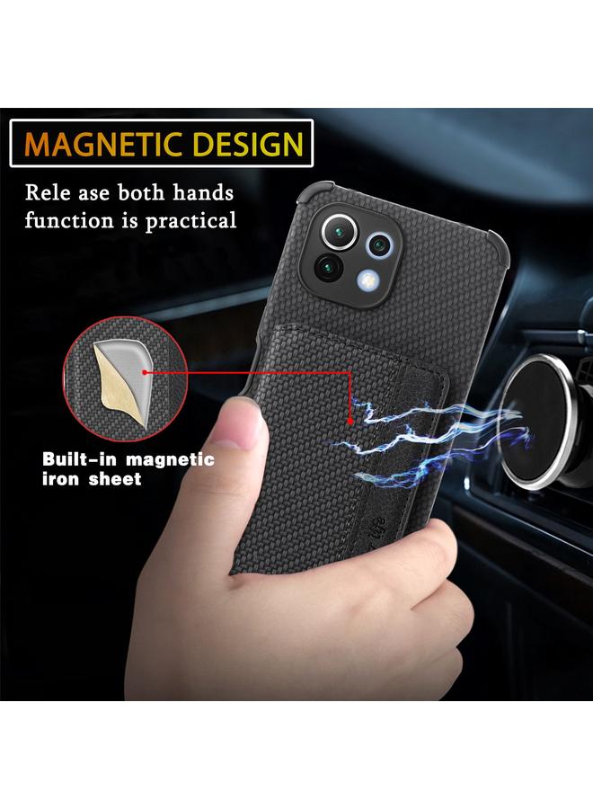 erorex Case For Xiaomi Mi 11 Lite Carbon Fiber Magnetic Card Bag TPU+PU Shockproof Back Cover Case with Holder & Card Slot & Photo Frame - Image 5
