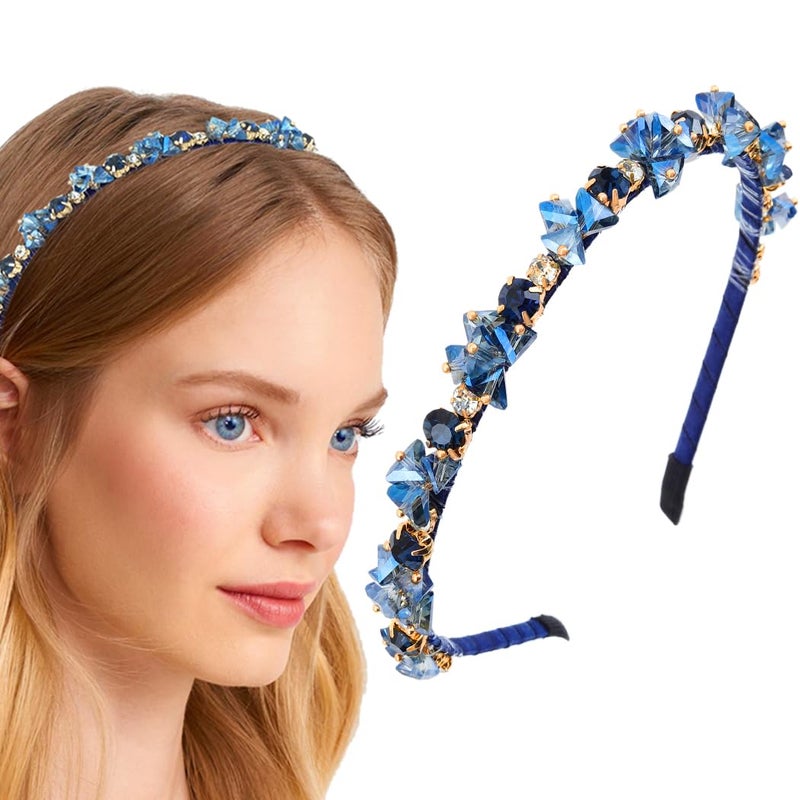 Urieo Crystal Headband with Blue Gems, Rhinestone Hair Accessory for Women - Image 1