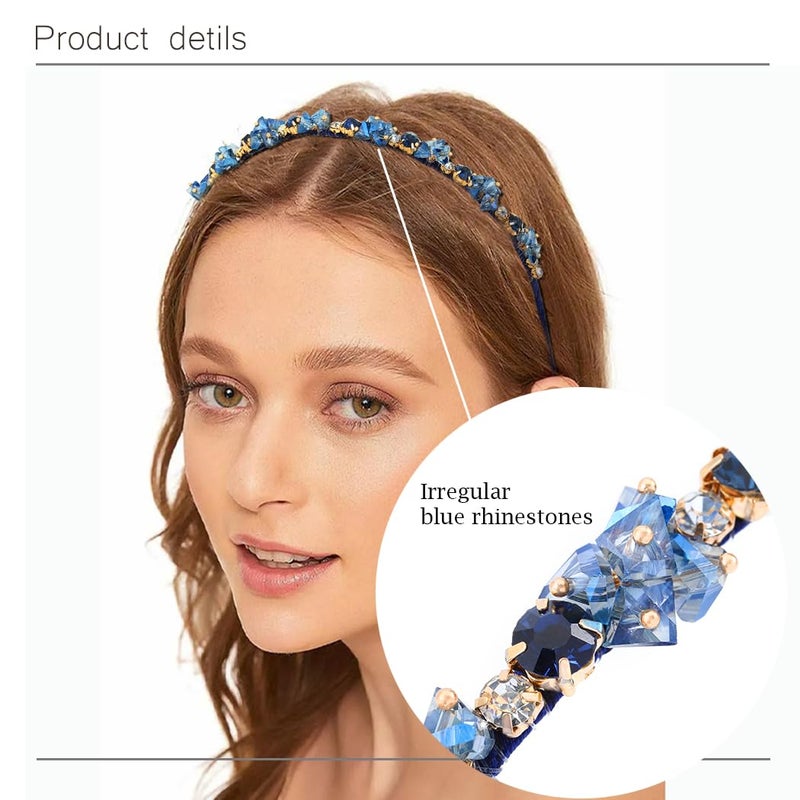Urieo Crystal Headband with Blue Gems, Rhinestone Hair Accessory for Women - Image 4