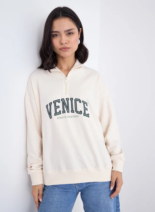 ستايلي Styli Cream Embroidered Longline Sweatshirt