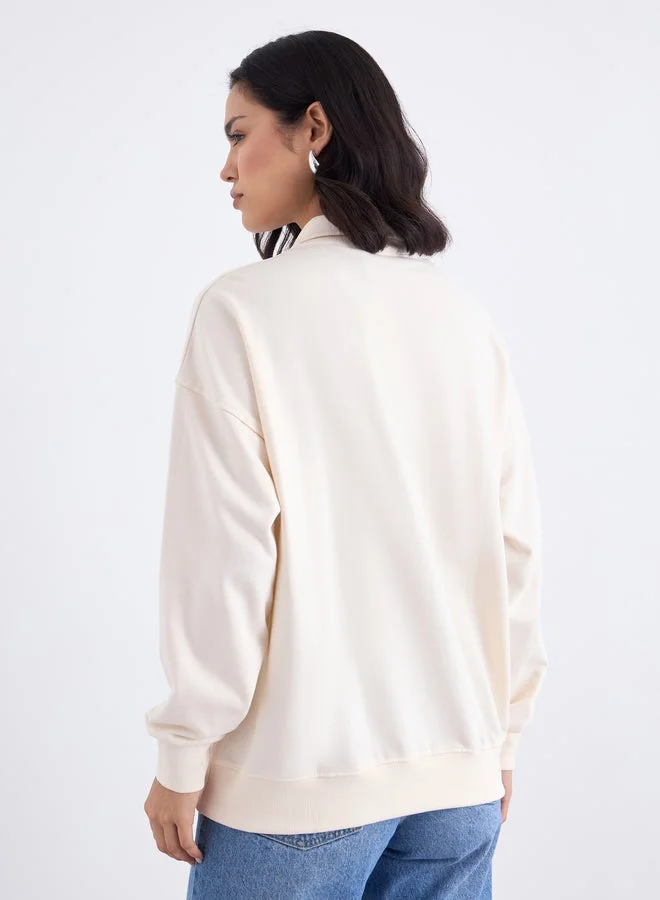 Styli Styli Cream Embroidered Longline Sweatshirt