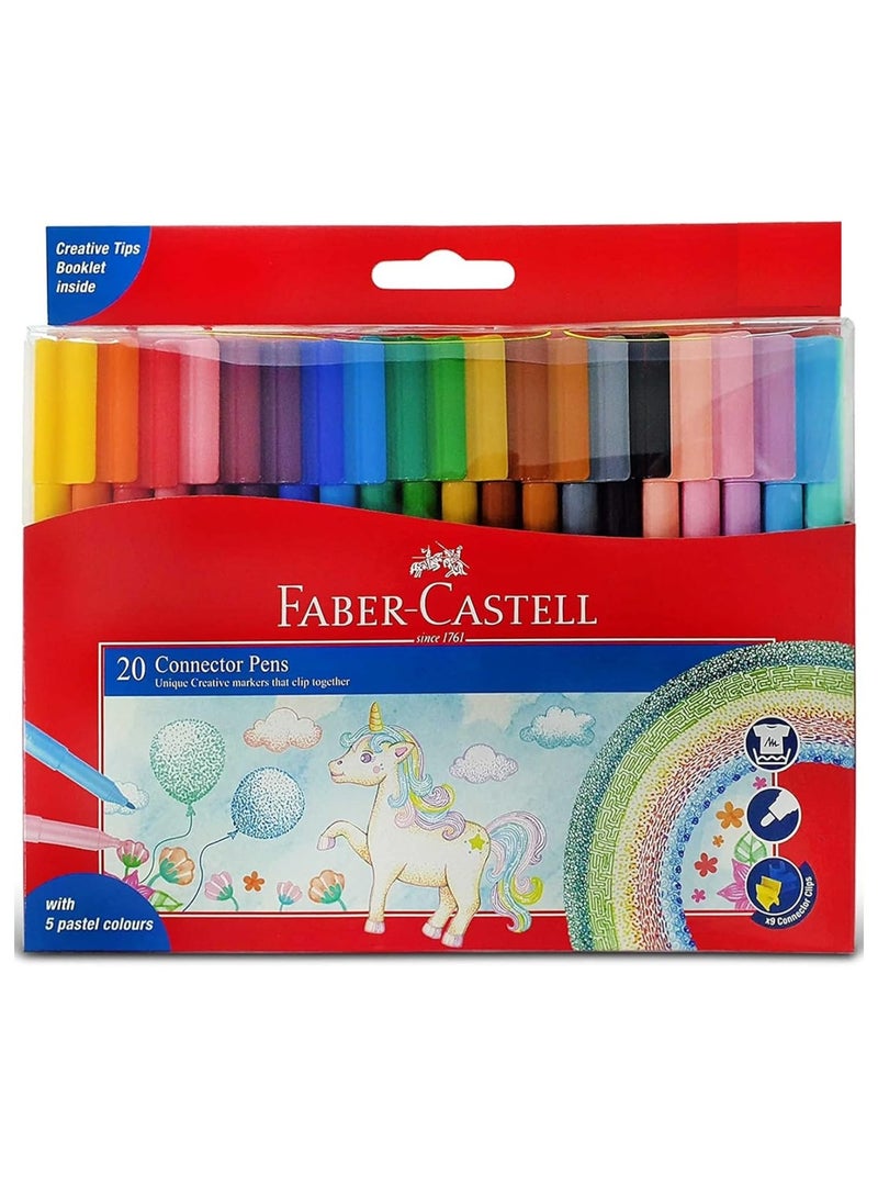 FABER-CASTELL 20-Piece Felt Colouring Pens With Connector Caps And Creative Tips Booklet Pastel Colours - Image 1