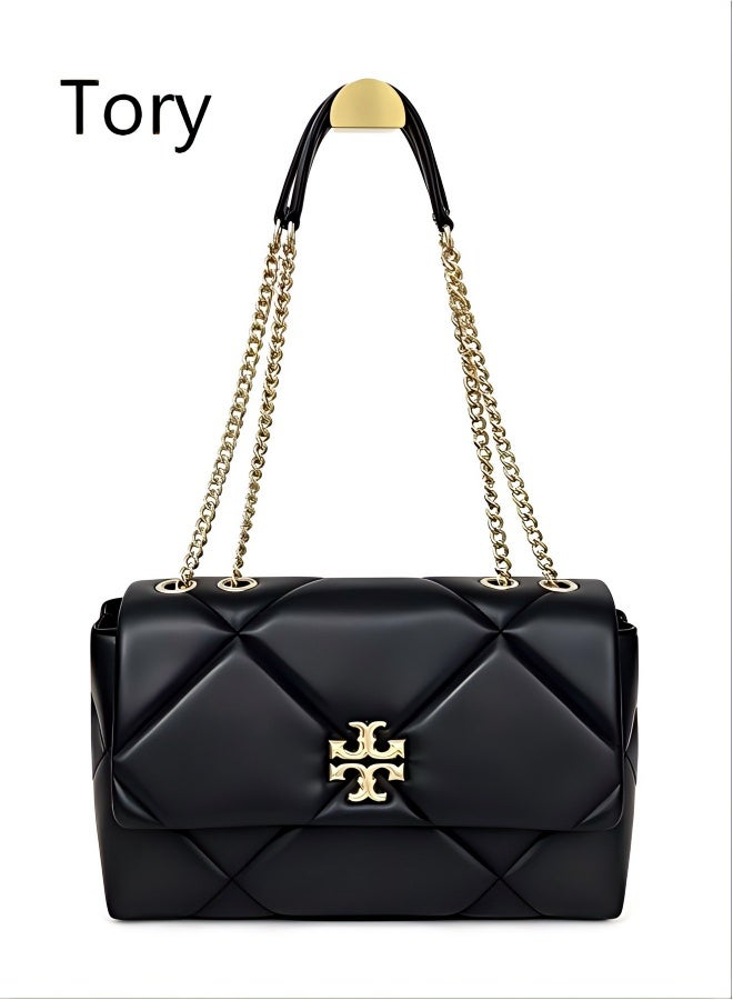 Tory Black diamond-patterned shoulder bag with gold chain strap and classic logo - Image 1