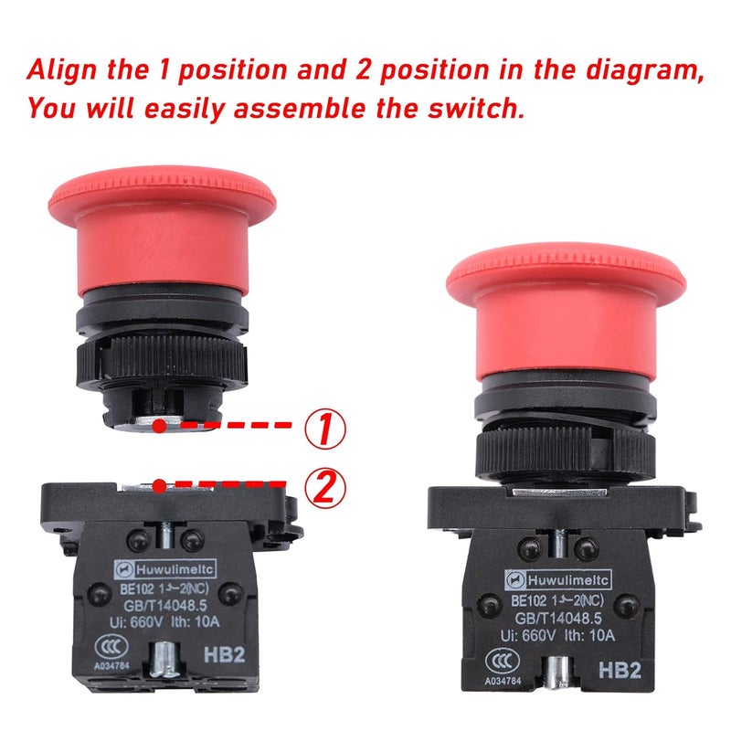 mxuteuk 2pcs 22mm 1NC 1NO Red Mushroom Emergency Stop Push Button Switch AC 660V 10A ，1 Year Warranty HB2-ES545 - Image 3