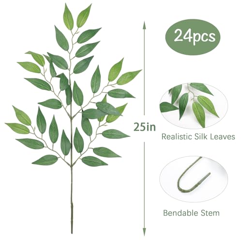 mizii 24pcs Italian Ruscus Artificial Greenery Stems Silk Green Leaves 20in Fake Spray Plants Stem Garland Greenery Decoration for Centerpieces Wedding Arch Flower Bouquet Table Room Wall Decor 24 - Image 3
