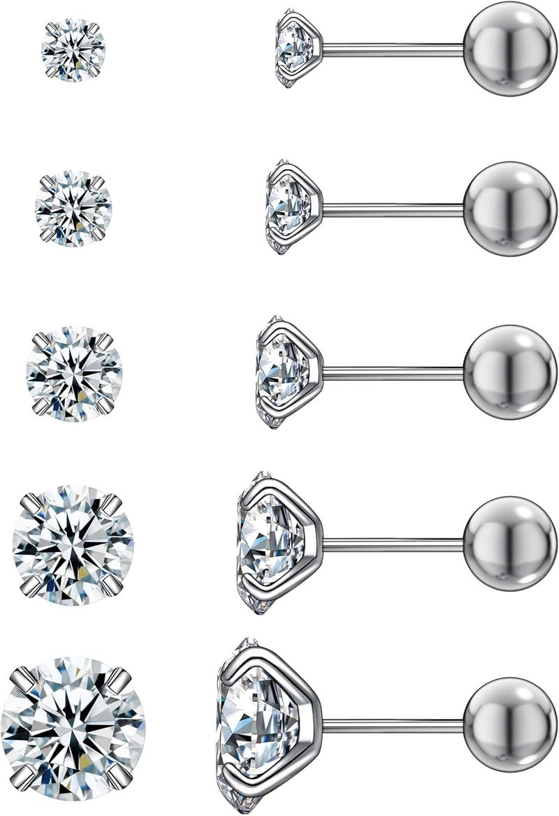 WSSXC 6 Pairs Stud Earrings Set, Hypoallergenic Cubic Zirconia 316L Earrings Stainless Steel CZ Earrings 3-8mm (Steel color) - Image 1