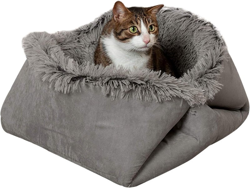Furhaven Self-Warming Cat Bed for Indoor Cats, 4-Beds-in-1 & Washable - Plush Long Faux Fur Convertible Cuddler - Gray, Large, 35.5"L x 30.0"W x 0.5"Th - Image 1