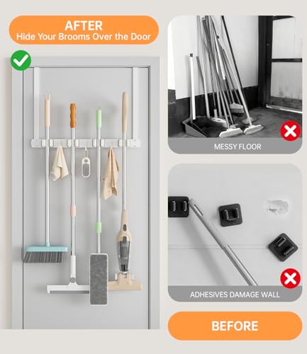 PrimZooty Broom Holder Over The Door - 304 Stainless Steel Mop and Broom Holder Wall Mounted or Hanging Over The Door with Hooks - Broom Hanger - white, Broom Storage Tool Organizer for Closet Laundry - Image 2
