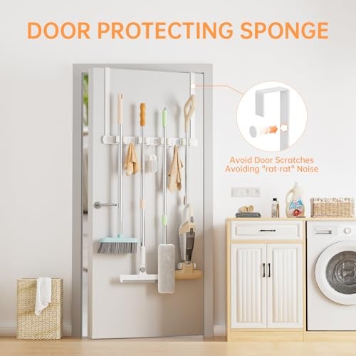 PrimZooty Broom Holder Over The Door - 304 Stainless Steel Mop and Broom Holder Wall Mounted or Hanging Over The Door with Hooks - Broom Hanger - white, Broom Storage Tool Organizer for Closet Laundry - Image 3