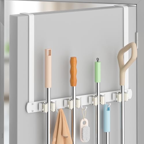 PrimZooty Broom Holder Over The Door - 304 Stainless Steel Mop and Broom Holder Wall Mounted or Hanging Over The Door with Hooks - Broom Hanger - white, Broom Storage Tool Organizer for Closet Laundry - Image 1