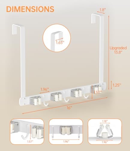 PrimZooty Broom Holder Over The Door - 304 Stainless Steel Mop and Broom Holder Wall Mounted or Hanging Over The Door with Hooks - Broom Hanger - white, Broom Storage Tool Organizer for Closet Laundry - Image 5