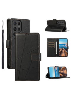 Case Cover For Samsung Galaxy S24 Ultra 5G PU Genuine Leather Texture Embossed Line Phone Case Black