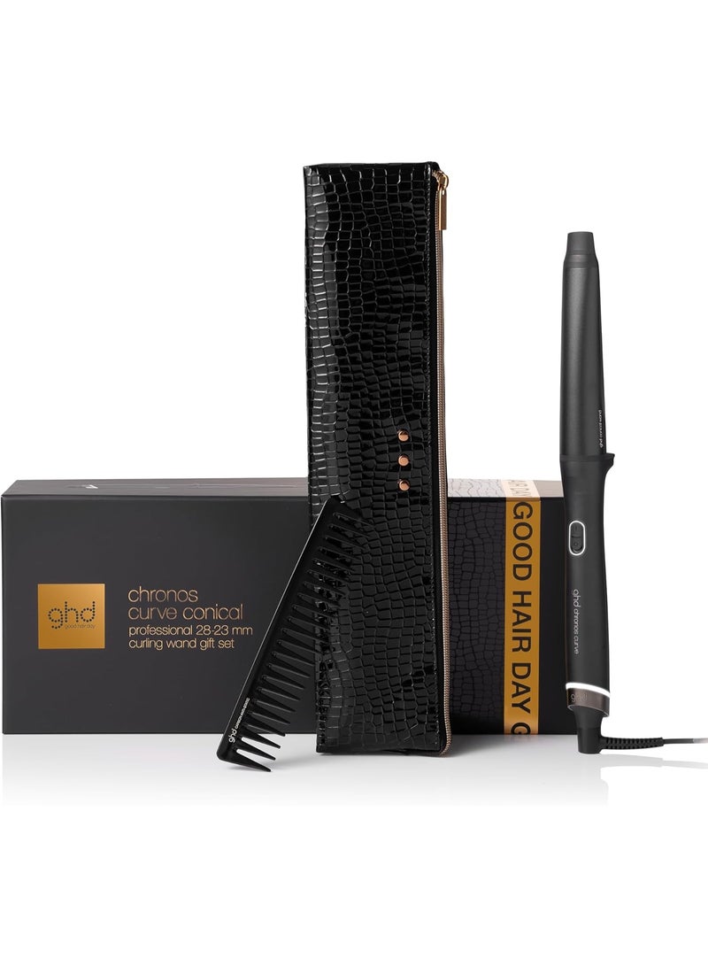 ghd Curve Chronos Conical Wand Gift Set – 28–23mm Curling Wand with Paddle Brush, Heat-Resistant Bag & Glove – Curl-Responsive Technology, 50% Smoother Hair & More Shine – Festive Hair Curler Set - Image 1