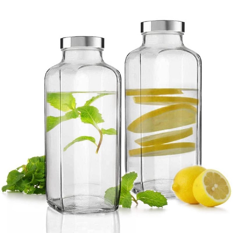 VISMII VISMII Square Glass Bottle Travel Drinking Fridge Glass Bottle with Stainless Steel Lid for Home Juicing Water Smoothie Glass Bottle 1000ml French Square Bottle Transparent Set of 2 - Image 1