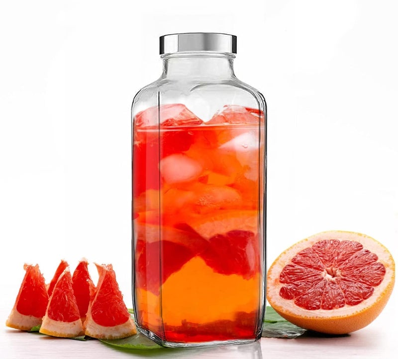 VISMII VISMII Square Glass Bottle Travel Drinking Fridge Glass Bottle with Stainless Steel Lid for Home Juicing Water Smoothie Glass Bottle 1000ml French Square Bottle Transparent Set of 2 - Image 2